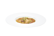 Strong chicken broth with liver dumplings, noodles and vegetables