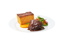 Beef Chuck Roll - preserved beef log in wine, gratinated potatoes, strong Bordeaux sauce