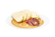 Beef with cream sauce, cranberries, buttermilk and homemade bread dumplings