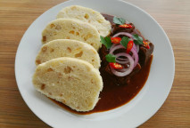 Beef goulash from young bull with onion, bread dumpling