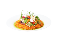 Tarhoňa ( egg barley ) with paprika pesto, roasted vegetables and farm cheese